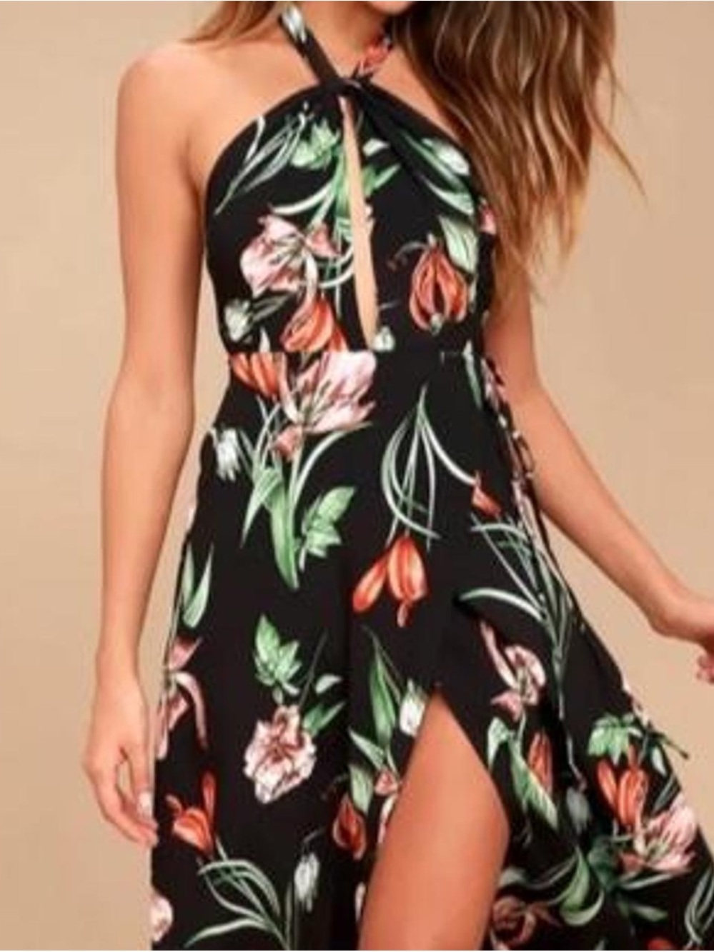 ASTR the Label Luciana Floral Print Halter Midi Wrap Dress S